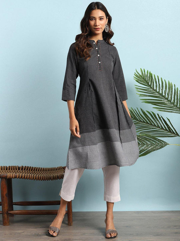 Women's Black Cotton Striped A-Line Kurta - Janasya