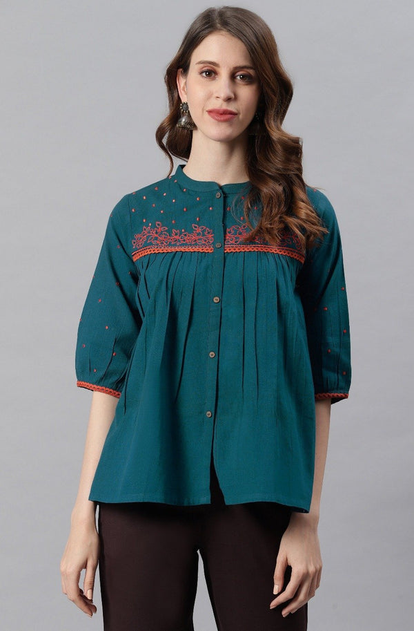 Women's Teal Cotton Flex Top-Janasya