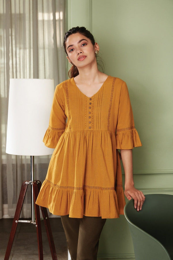 Women's Mustard Cotton Flex Tunic-Janasya