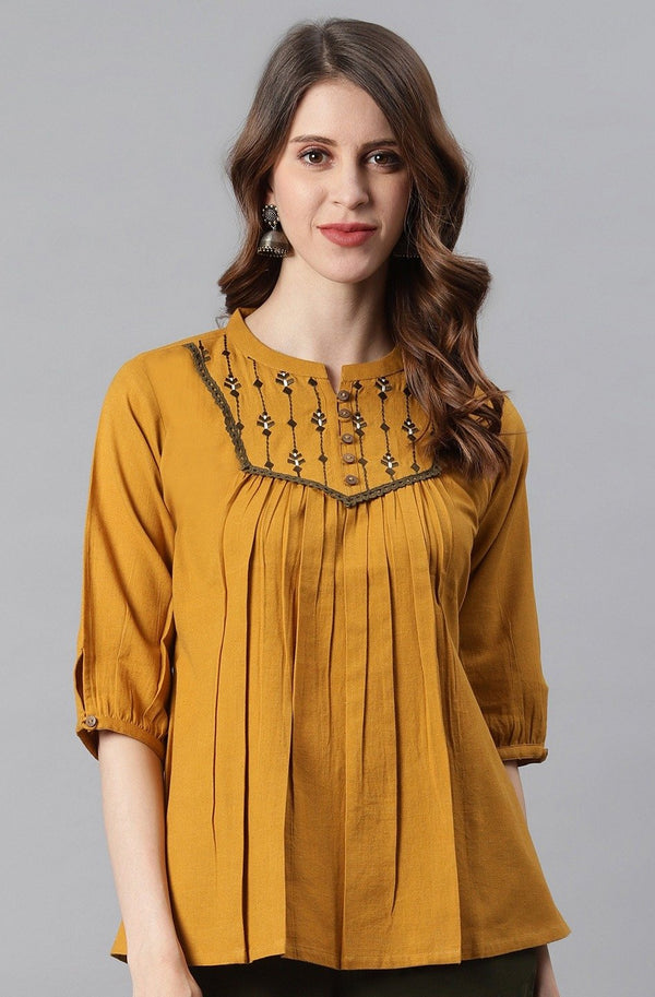 Women's Mustard Cotton Flex Top-Janasya