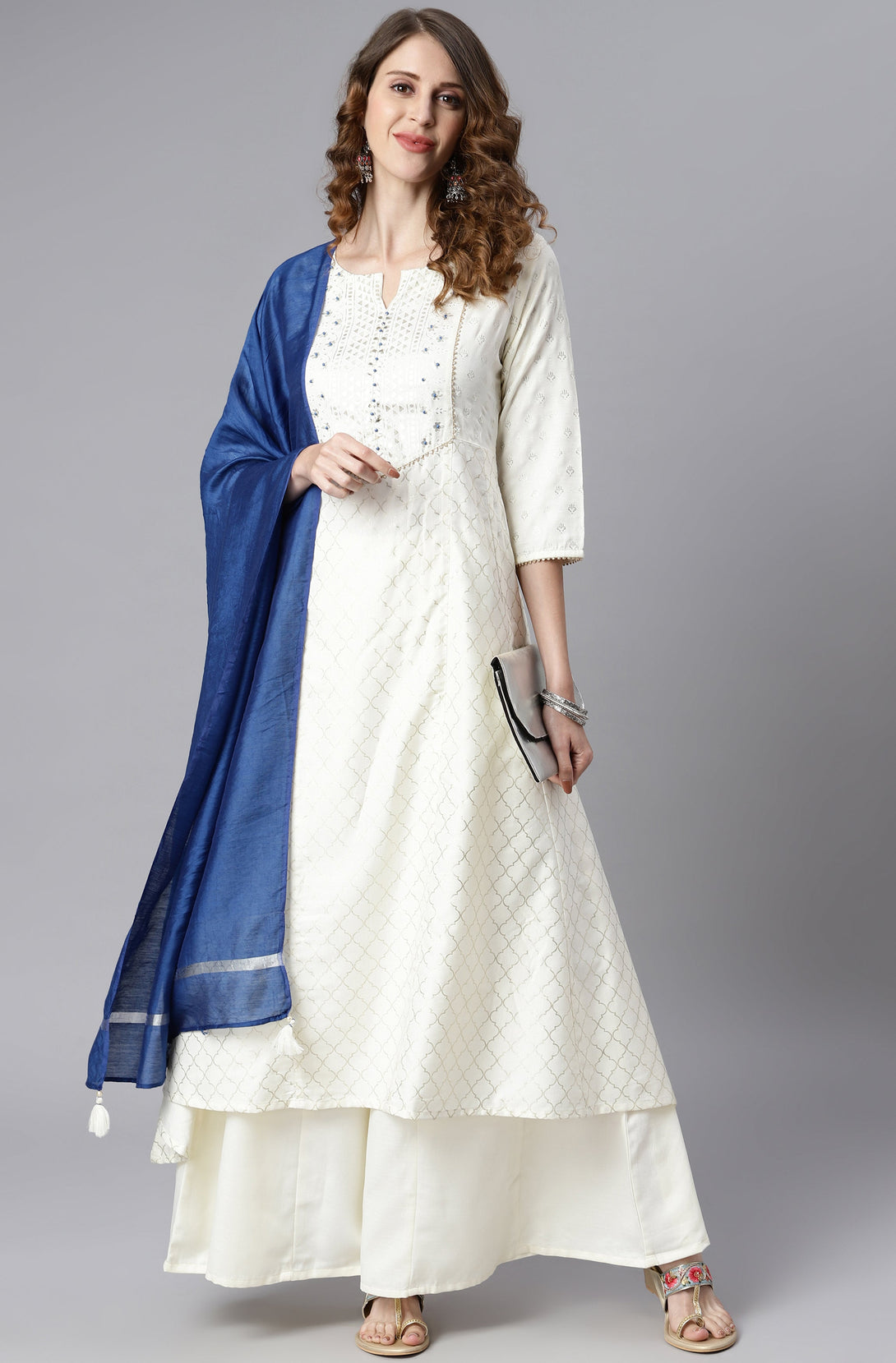 Women's Off- White Poly Silk Ethnic Motifs Kurta With Palazzo And Dupatta - Janasya