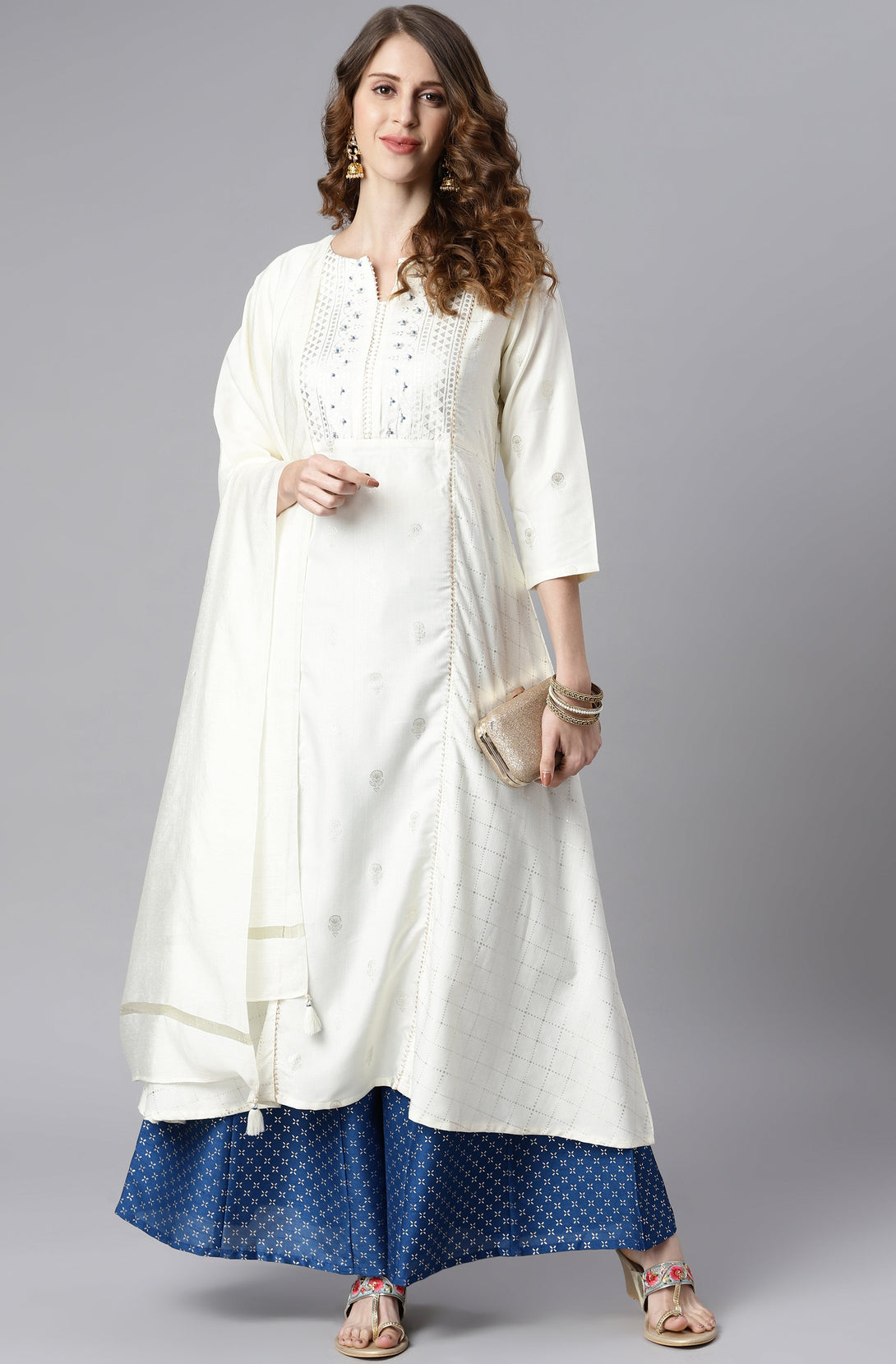 Women's Off- White Poly Silk Ethnic Motifs Kurta With Palazzo And Dupatta - Janasya