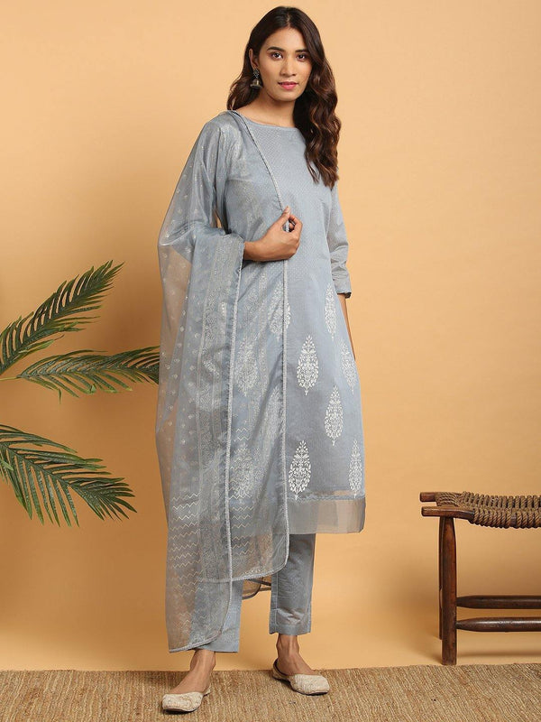 Women's Grey Poly Chanderi Ethnic Motifs Kurta With Pant And Dupatta - Janasya