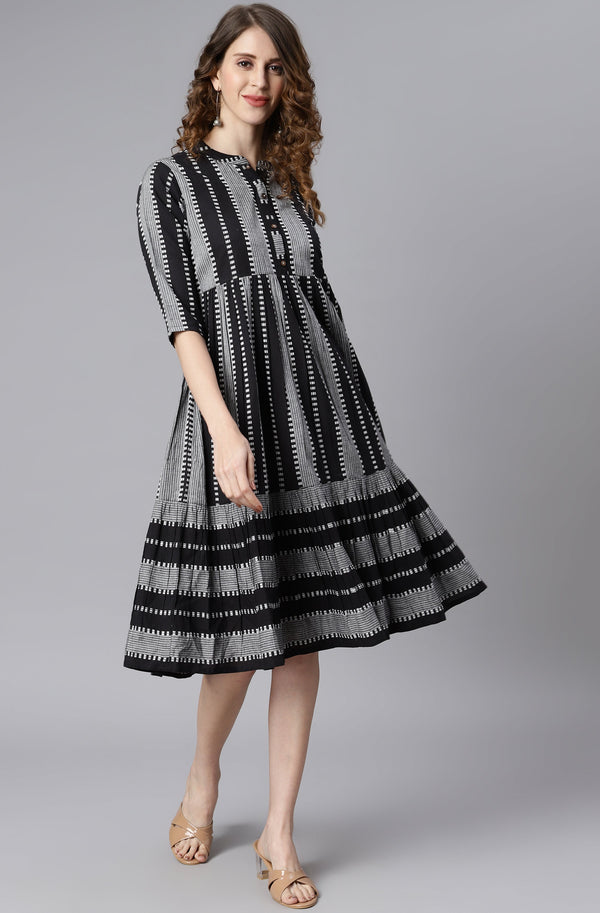 Women's Striped Black Cotton Dress - Janasya