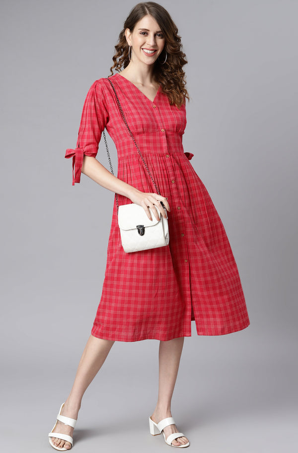 Women's Checkered Red Cotton Dress - Janasya