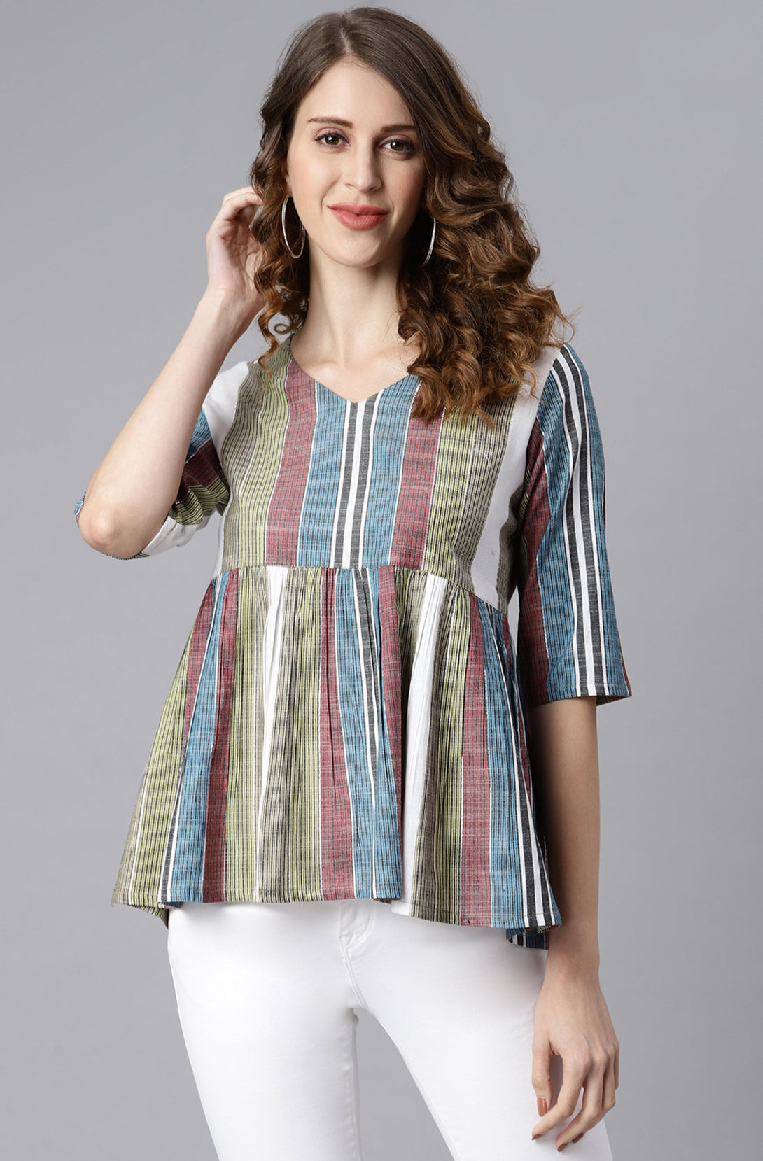 Women's Multicolor Cotton Striped Gathered Product Type-Tops - Janasya