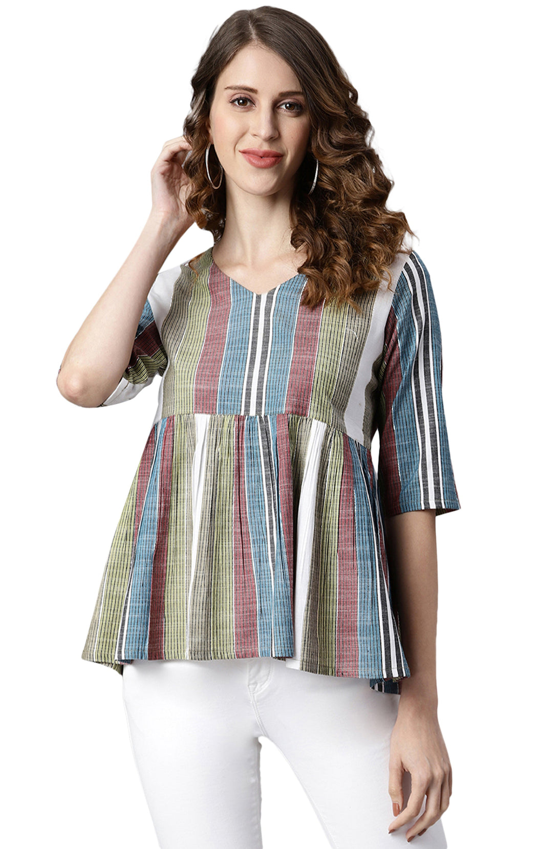 Women's Multicolor Cotton Striped Gathered Top - Manohara