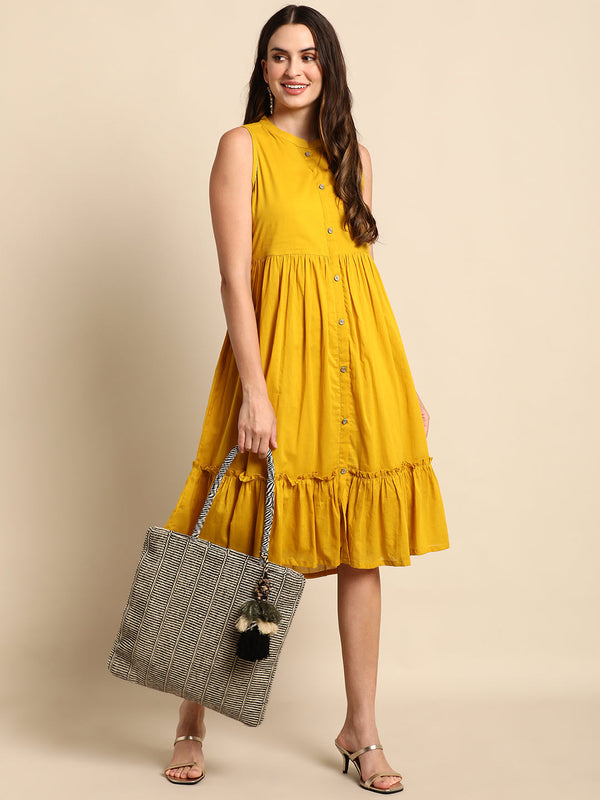 Women's Solid Mustard Cotton Dress - Janasya