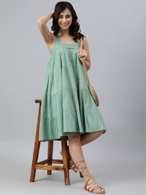 Women's Solid Mint Green Cotton Dress - Janasya