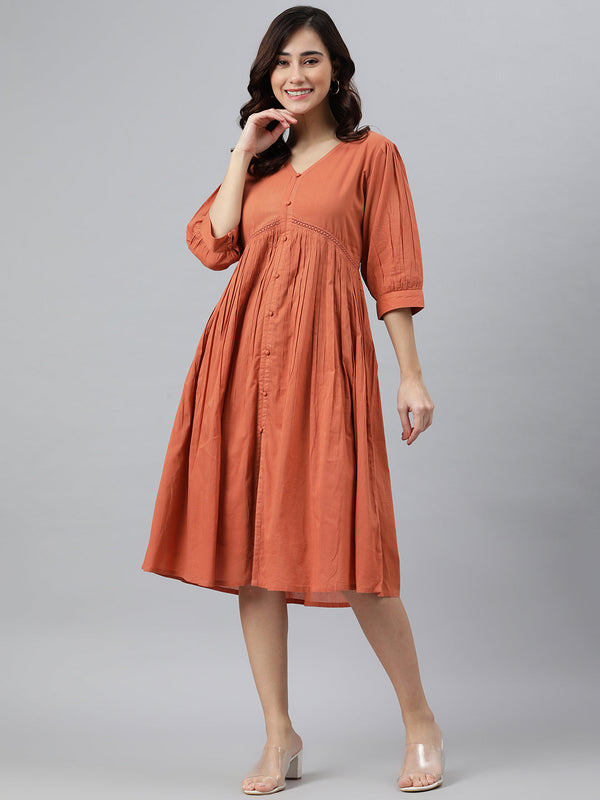 Women's Solid Coral Orange Cotton Dress - Janasya