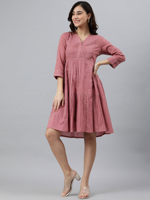 Women's Solid Coral Pink Cotton Dress - Janasya