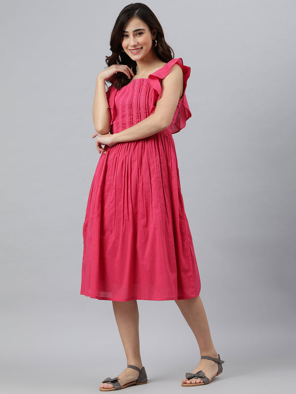 Women's Solid Pink Cotton Dress - Janasya