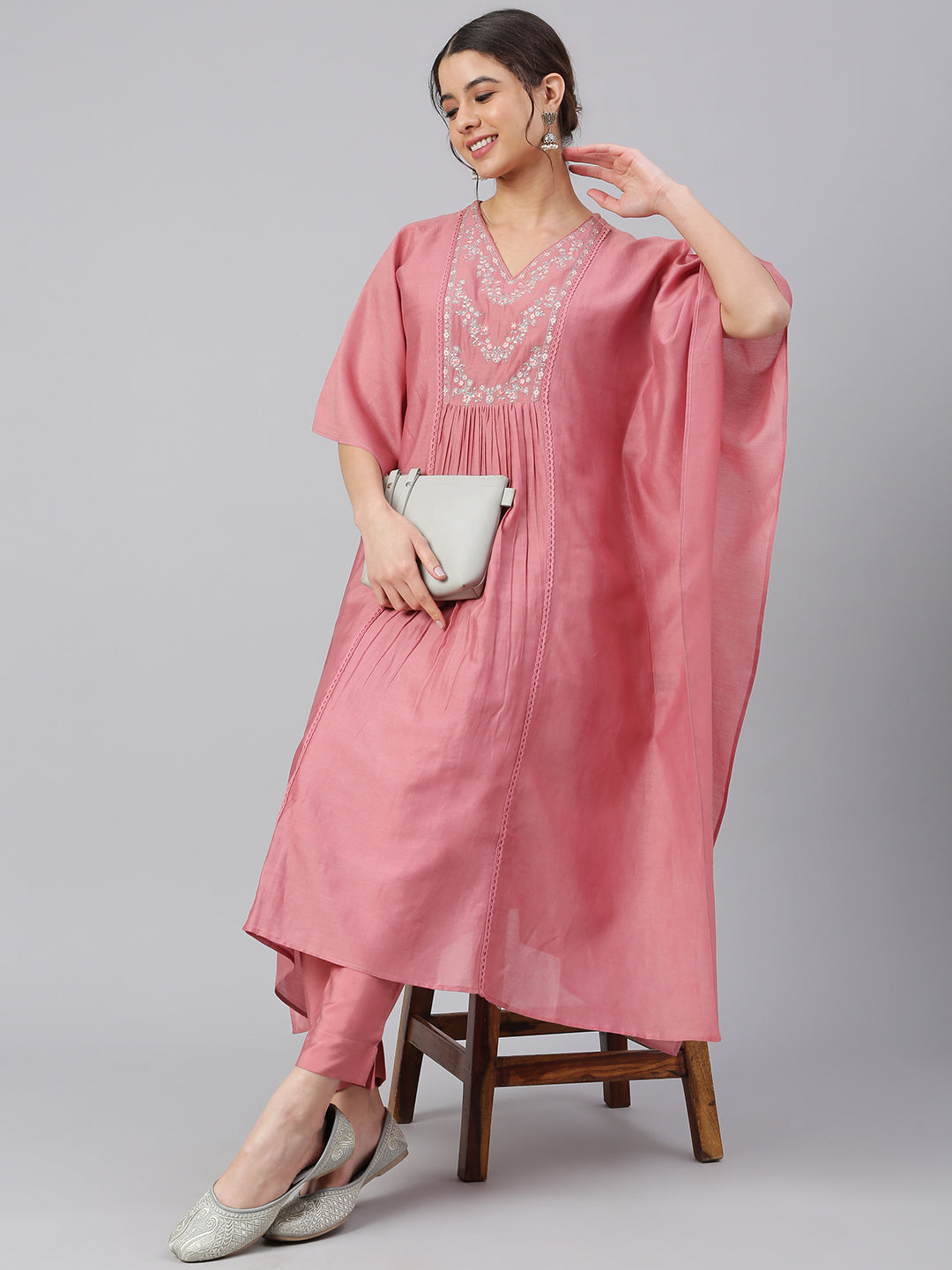 Women's Rose Red Polyester Solid Kurta With Pant - Janasya