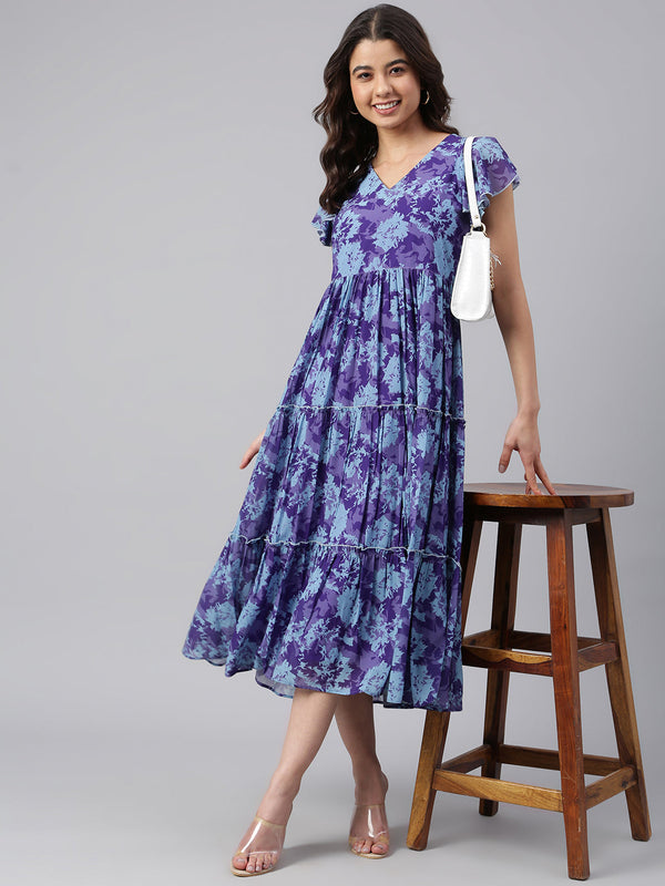 Women's Printed Blue Georgette Dress - Janasya