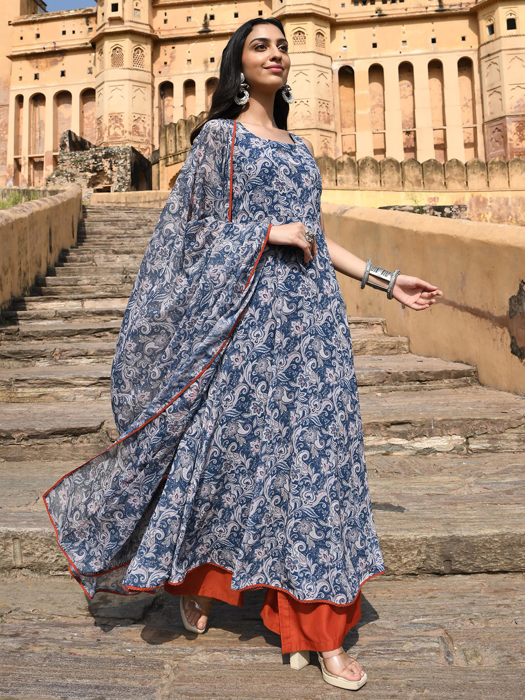 Women's Blue Georgette Floral Print Kurta With Flared Palazzo And Dupatta - Janasya