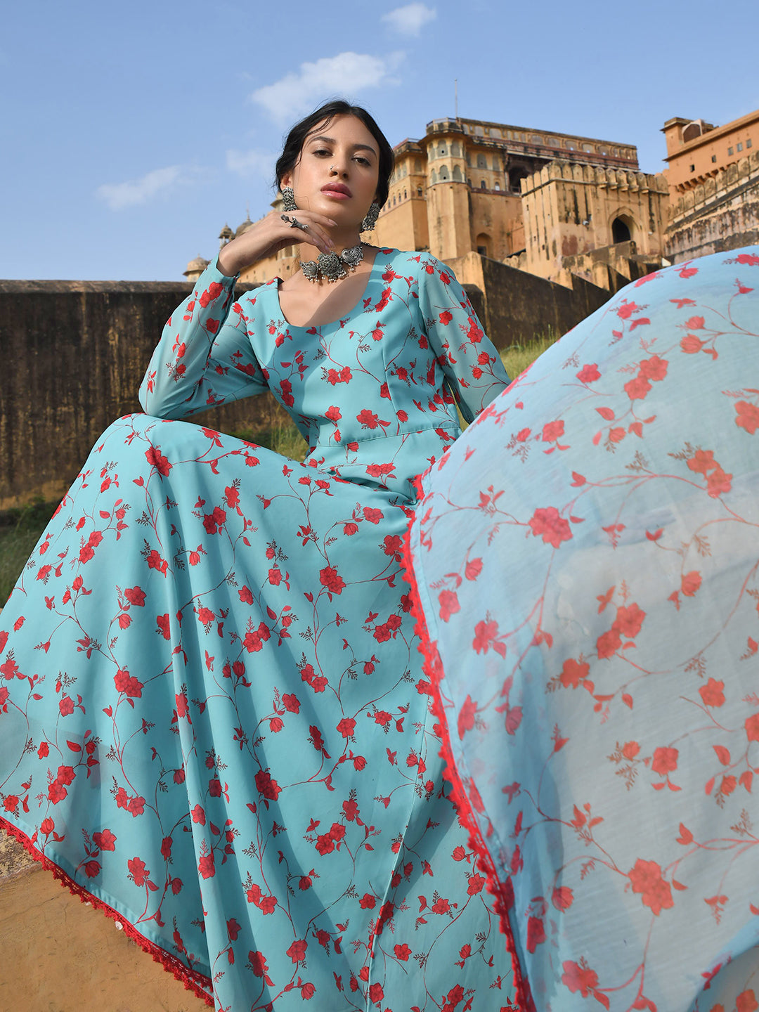 Women's Sea Green Georgette Floral Print Kurta With Flared Palazzo And Dupatta - Janasya