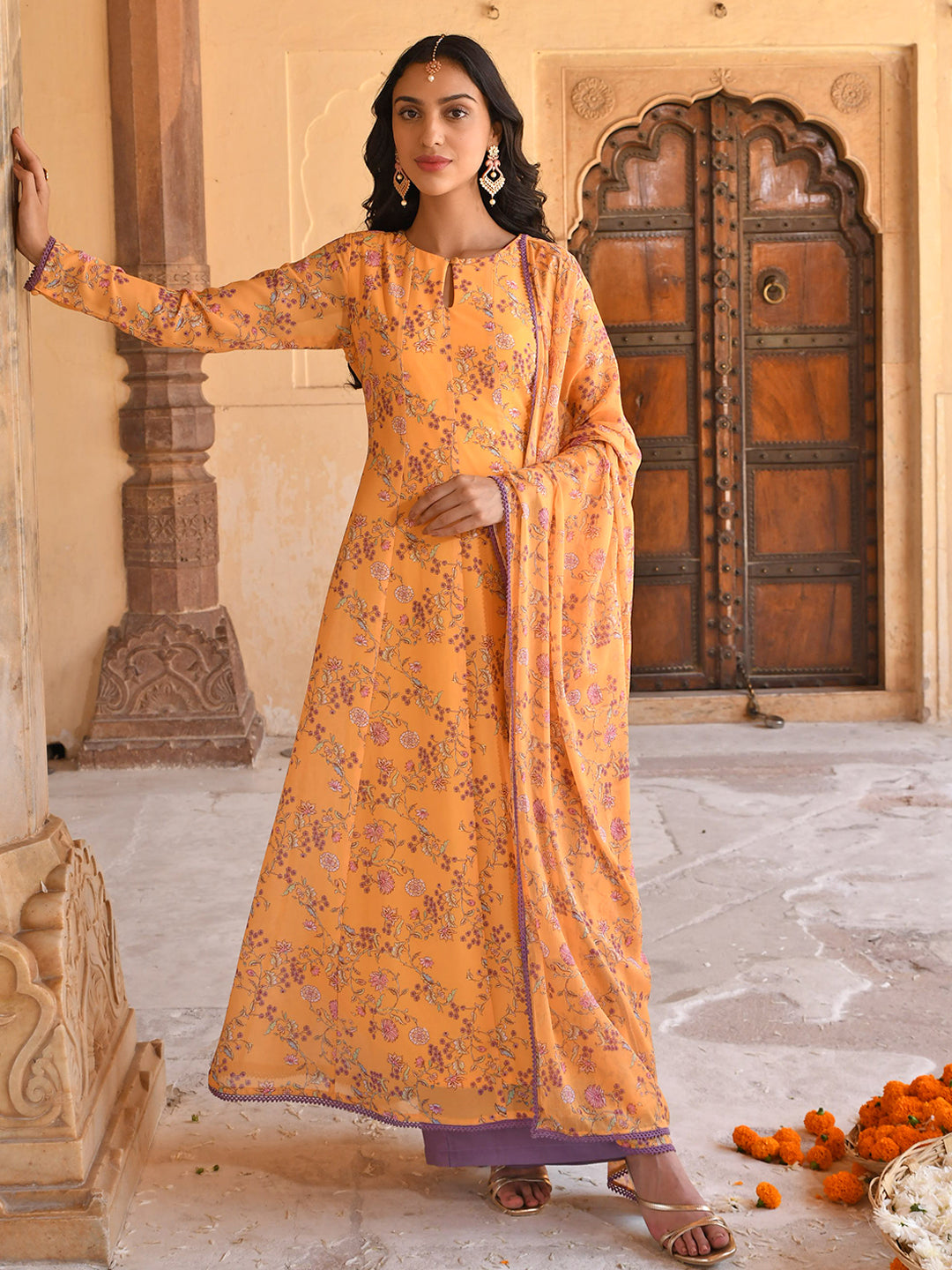 Women's Yellow Georgette Floral Print Kurta With Flared Palazzo And Dupatta - Janasya