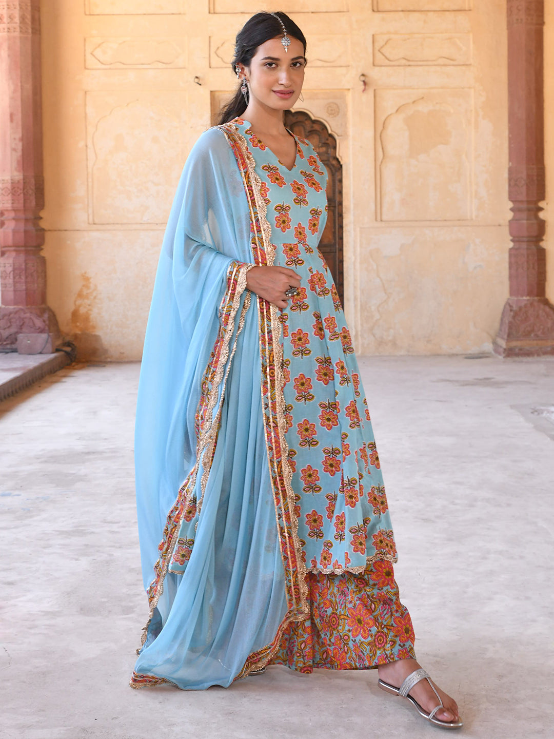 Women's Mint Blue Cotton Floral Print Kurta With Palazzo And Dupatta - Janasya