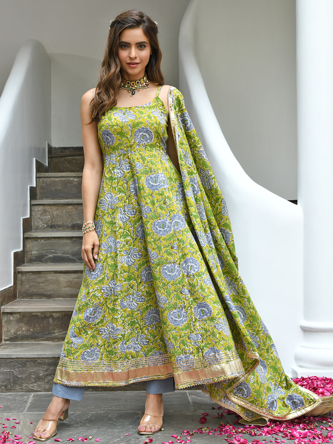 Women's Mustard Cotton Printed Kurta With Pant And Dupatta - Janasya