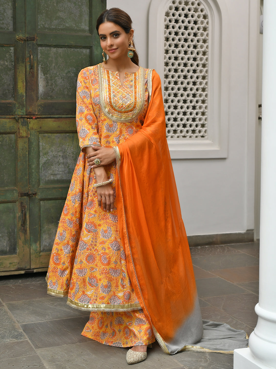 Women's Mustard Cotton Embroidered Kurta With Palazzo And Dupatta - Janasya