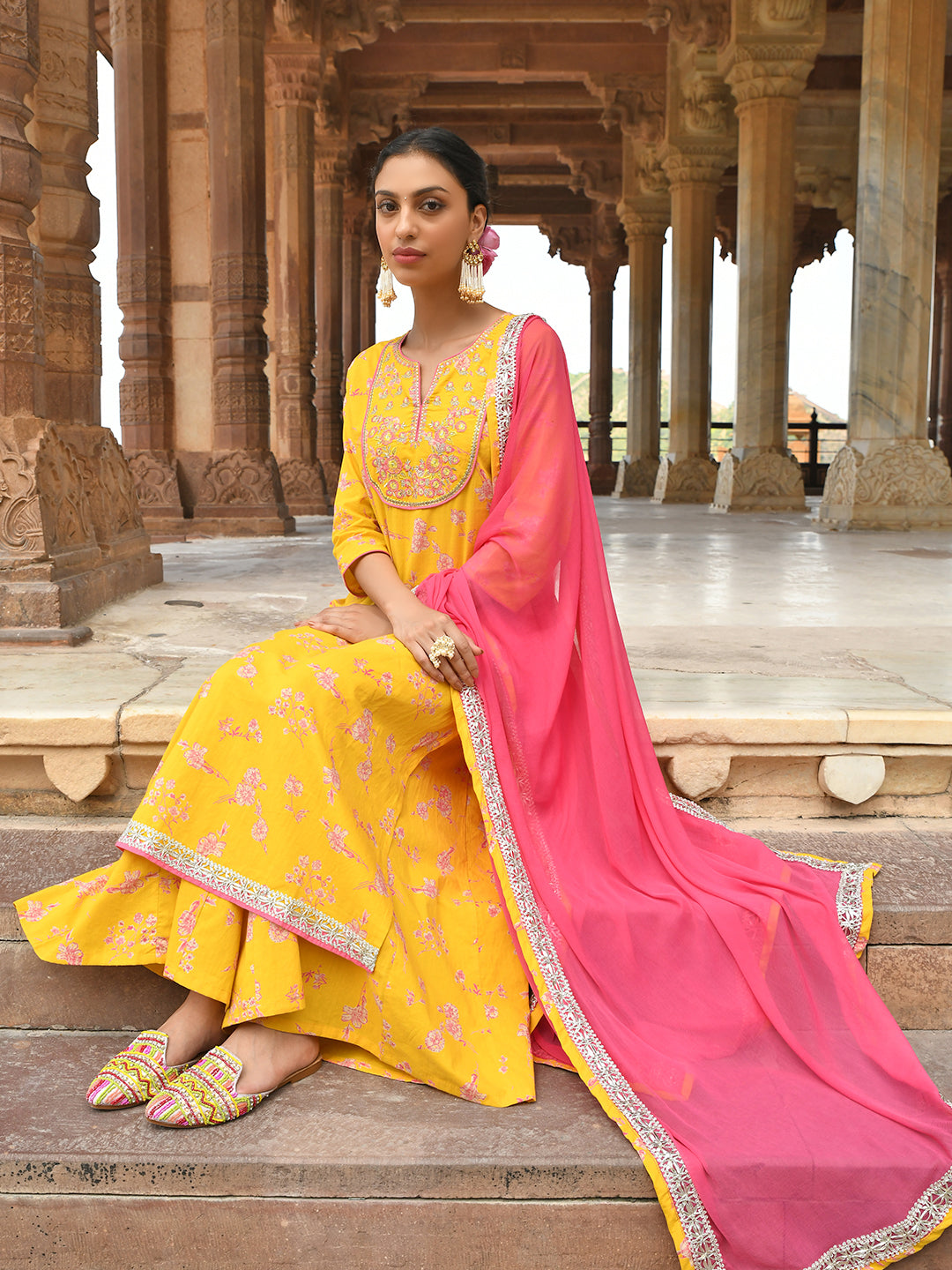 Women's Yellow Cotton Embroidered Kurta With Palazzo And Dupatta - Janasya