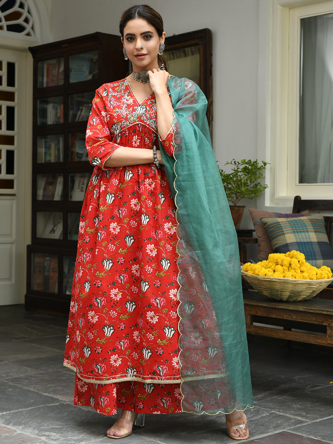 Women's Red Cotton Floral Block Print Kurta With Palazzo And Dupatta - Janasya