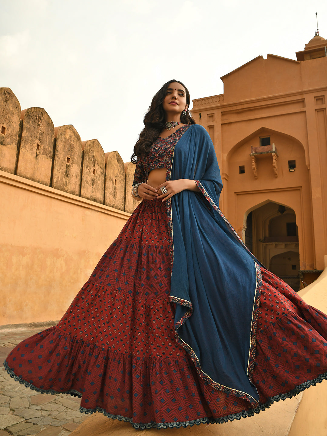 Women's Maroon Cotton Block Print Lehenga Choli With Dupatta - Janasya