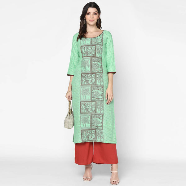 Women's Light Green & Maroon Cotton Hand Block Print Straight Kurta With Palazzo Set - Cheera