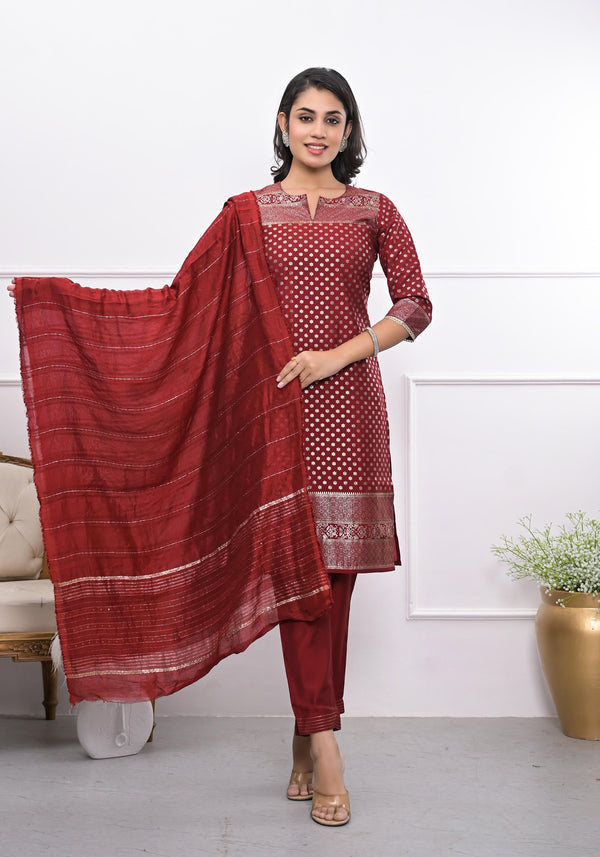 Maroon Ethnic Motif Printed Silk Kurta Set With Zari Work