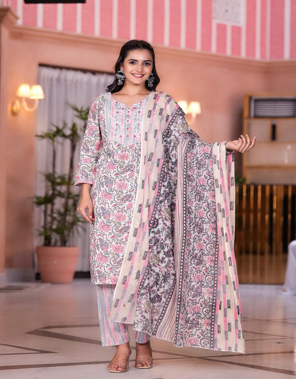 Peach Floral Printed Cotton Kurta Set With Mirror & Thread Work