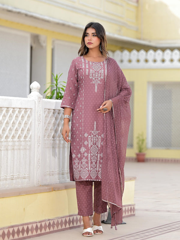 Jashvi Onion Pink Ethnic Motif Printed Viscose Kurta, Pant And Dupatta Set With Gotta Patti Work