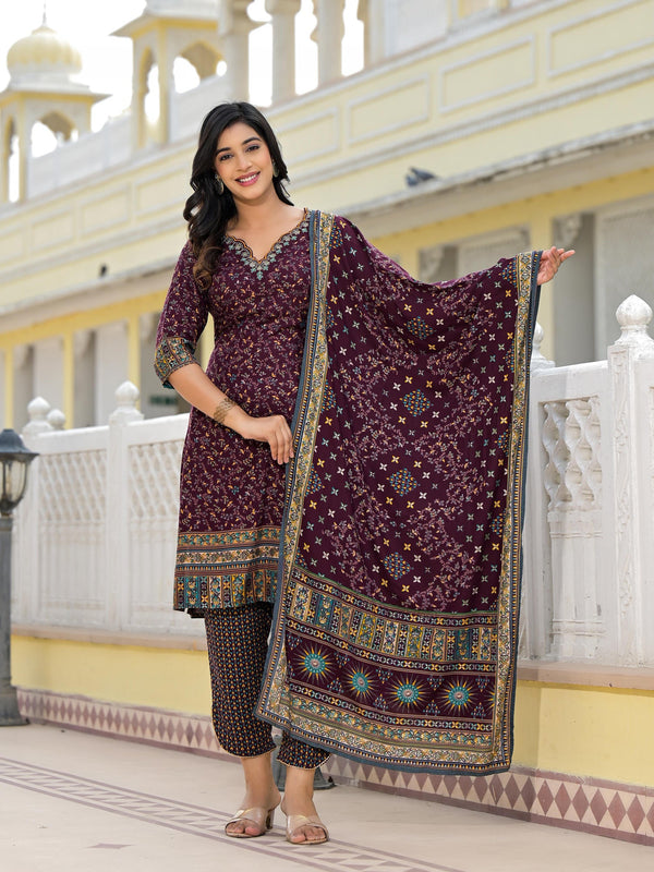 Jashvi Wine Ethnic Motif Printed Rayon Kurta, Pant And Dupatta Set