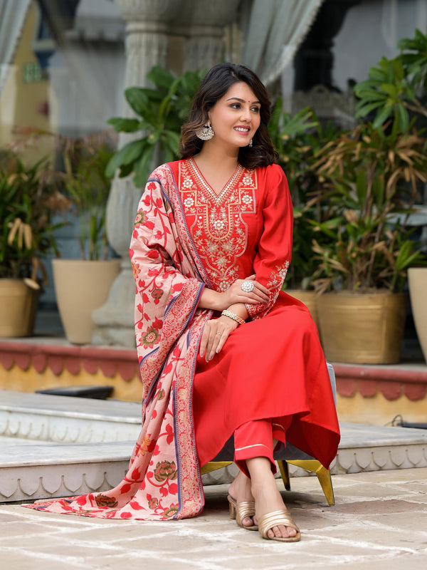 Red Floral Printed Viscose Kurta Pant And Dupatta Set With Gota Patti & Zari Work