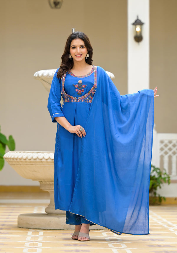 Blue Solid Viscose Kurta Pant With Dupatta Set With Thread & Mirror Work