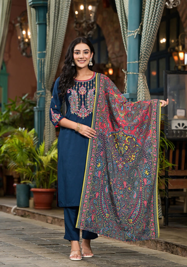 Blue Thread Embroidered Liva Rayon Kurta Pant And Dupatta Set With Sequins