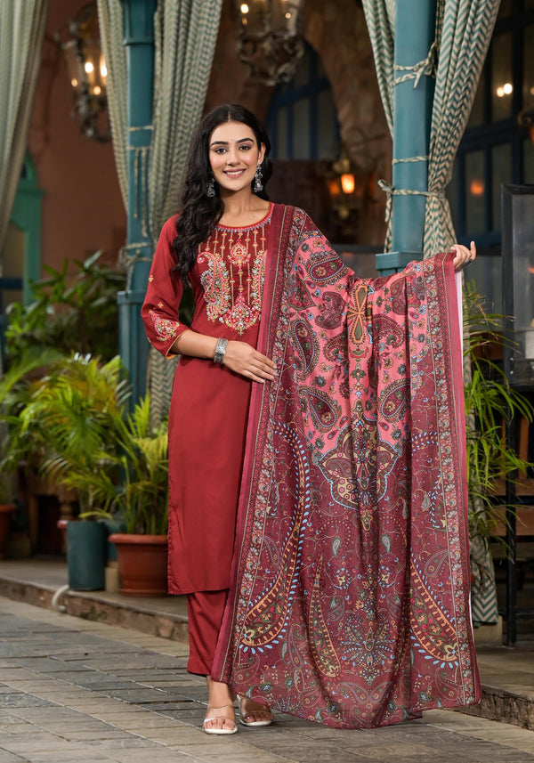 Brown Thread Embroidered Liva Rayon Kurta Pant And Dupatta Set With Sequins