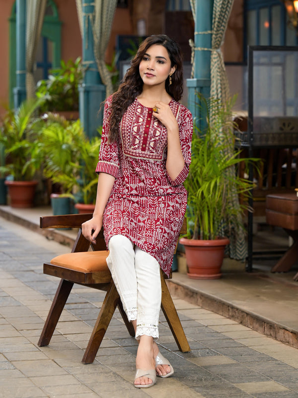 Red Ethnic Motif Printed Liva Rayon Kurta With Thread And Mirror Work & Lace