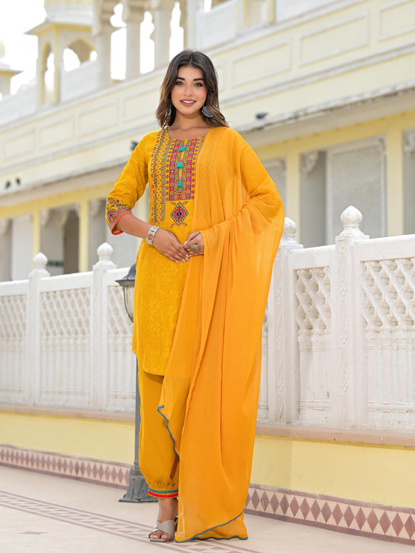 Jashvi Mustard Ethnic Motif Printed Kurta, Pant And Dupatta Set With Tassels & Buttons.