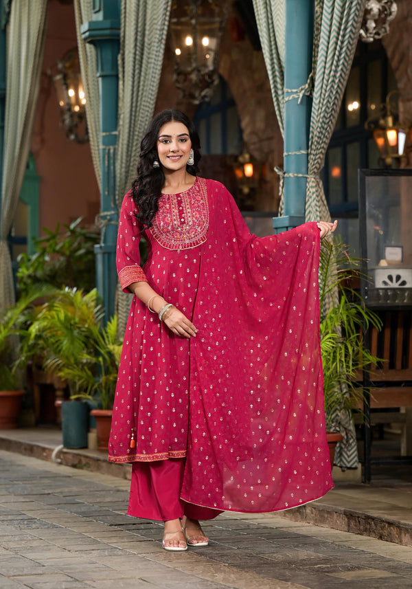 Fuchsia Floral Printed Georgette Kurta Pant And Dupatta Set With Zari Work & Sequins