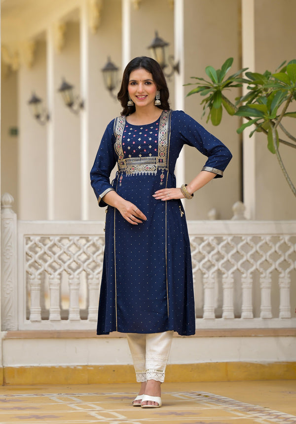 Blue Solid Rayon Kurta With Sequins & Doris