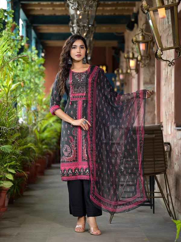 Black Ethnic Motif Printed Liva Rayon Kurta Set With Buttons Coins & Tassels