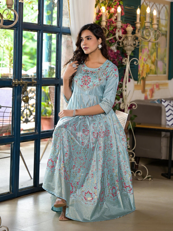 Sea Green Ethnic Motif Printed Santoon Dress With Sequins & Thread Work