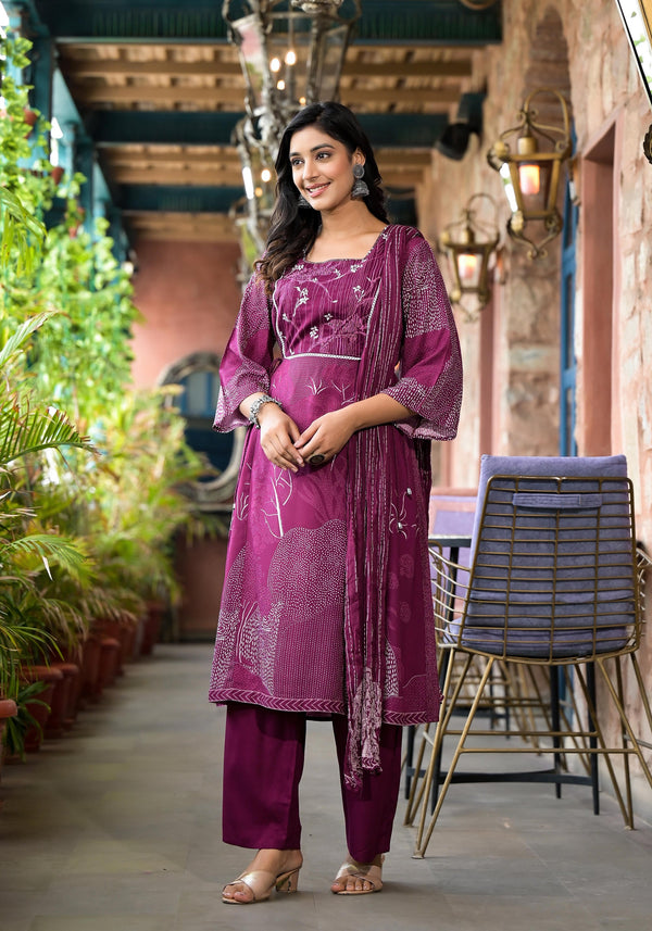 Wine Abstract Printed Liva Rayon A-Lined Kurta Pant And Dupatta Set With Doris At Waist