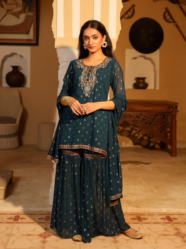 Teal Ethnic Motif Printed Georgette Kurta Pant And Dupatta With Sequins & Zari Work