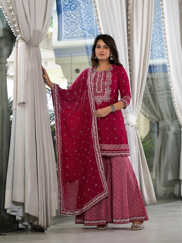 Fuchsia Floral Printed Georgette Kurta Sharara & Dupatta Set With Sequins