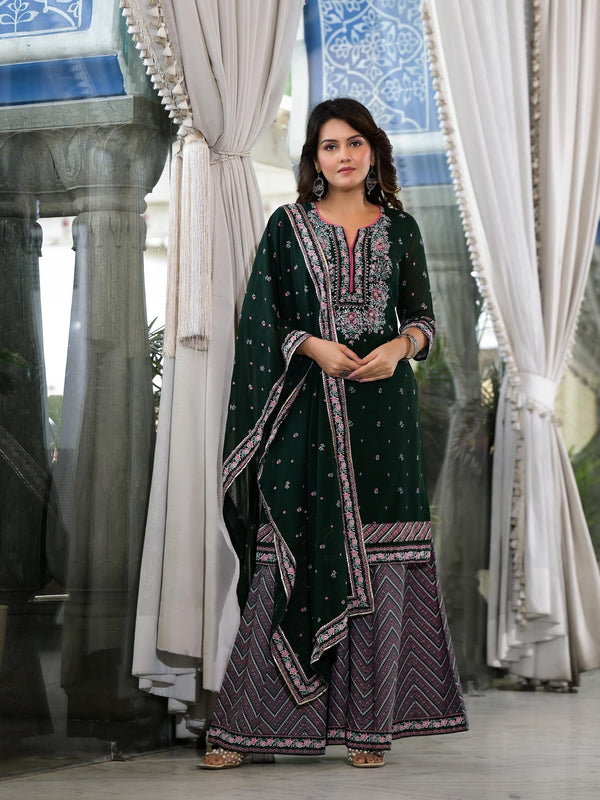 Green Floral Printed Georgette Kurta Sharara & Dupatta Set With Sequins