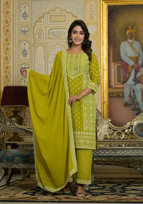 Green Thread Embroidered Georgette Kurta Pant And Dupatta Set With Mirror Work & Sequins