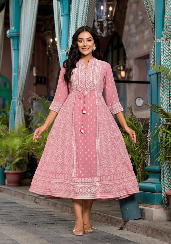 Pink Ethnic Motif Printed Georgette A-Lined Dress With Sequins & Doris