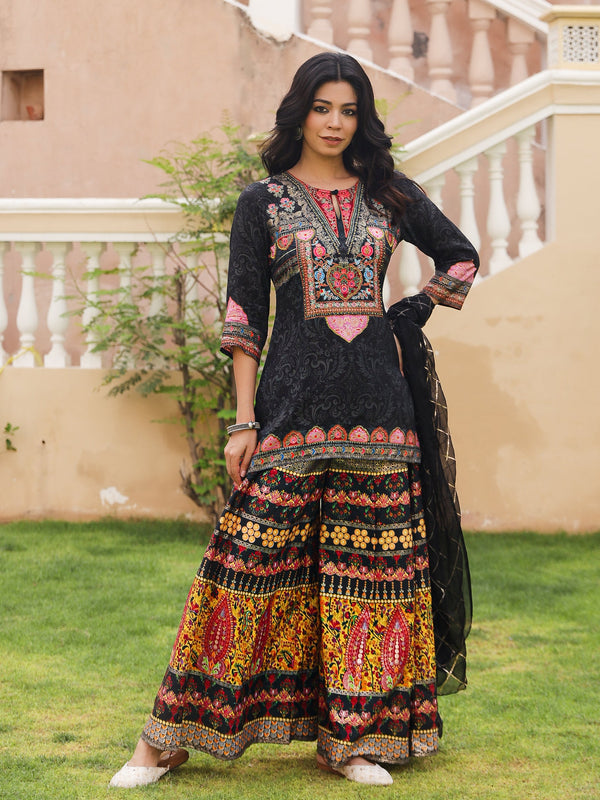 Black Ethnic Motif Printed Viscose Tunic Sharara & Dupatta Set With Sequins Thread Work