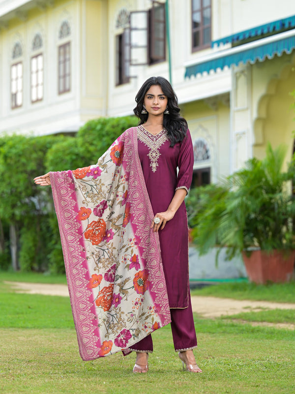 Wine Solid Viscose Kurta Pant With Dupatta Set With Zari & Mirror Embroidery